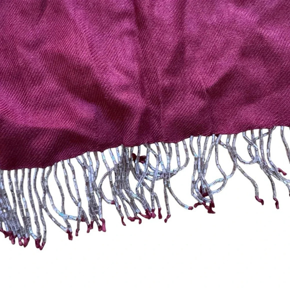 Rapti Fashion Burgundy Red Scarf Beaded Fringe Viscose Silk - Picture 2 of 6